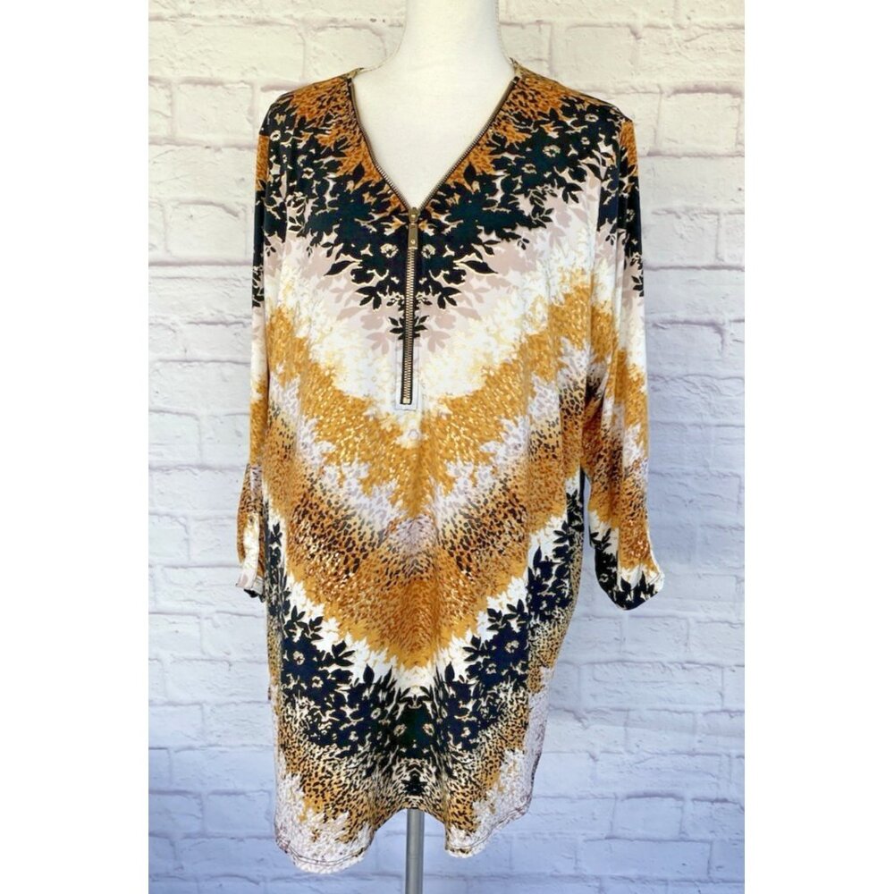 JM COLLECTION Women's Tunic Top Metallic Gold Yellow/Black Long Sleeve Size 3X